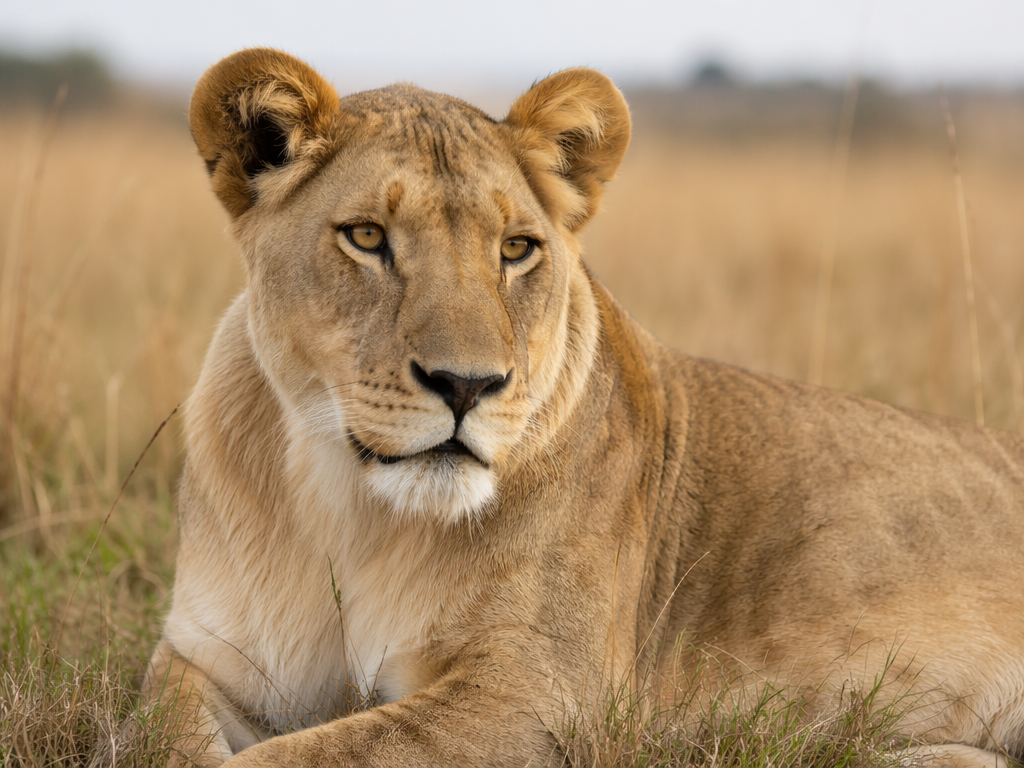 A close-up of a lioness lounging in the tall grass of the Maasai Mara, showcasing her majestic mane and piercing gaze, natural light, soft focus background highlighting the savannah, taken with a 70-200mm lens