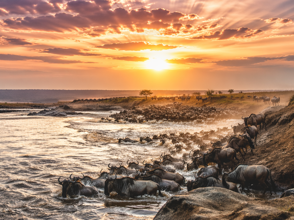 A breathtaking view of wildebeests crossing the Mara River at sunset, dramatic sky with orange and purple hues, captured in sharp focus, emphasizing the movement of the herd, editorial wildlife photography.