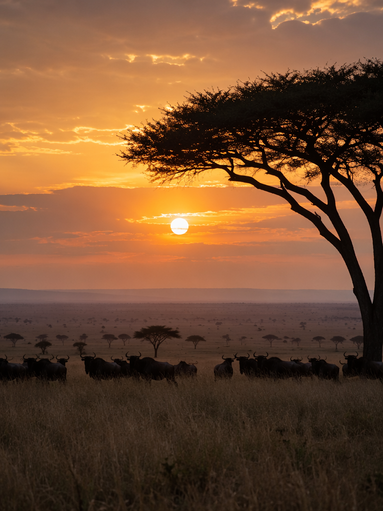 A breathtaking view of the Serengeti plains at sunset, with silhouettes of acacia trees and a herd of wildebeest in the foreground, warm golden hour light, landscape photography