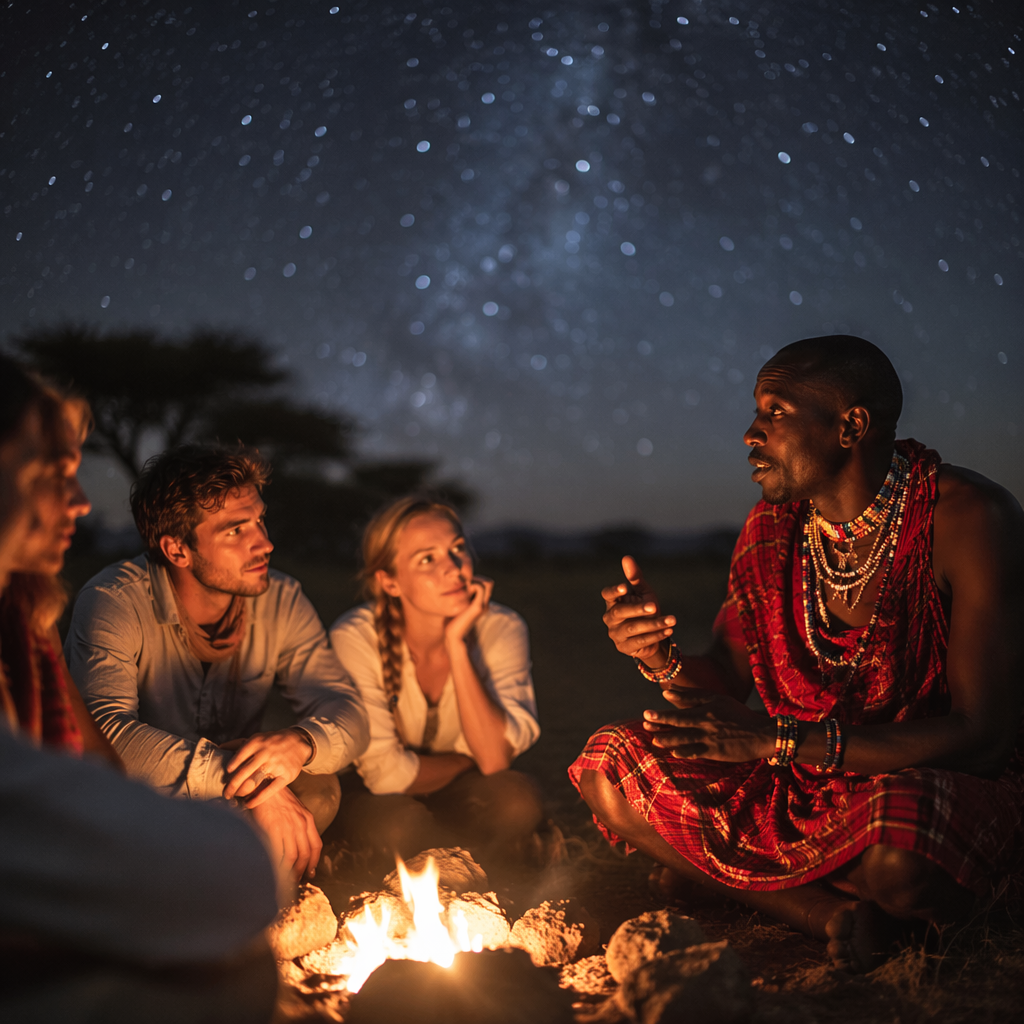 A close-up of a Maasai guide sharing stories with safari-goers under a star-filled sky, with a campfire illuminating their faces. The scene conveys warmth and connection to the culture, showcasing the rich heritage of the Maasai people. Soft, warm lighting creates an inviting atmosphere, shot with a shallow depth of field to focus on the expressions of the guide and the captivated audience.
