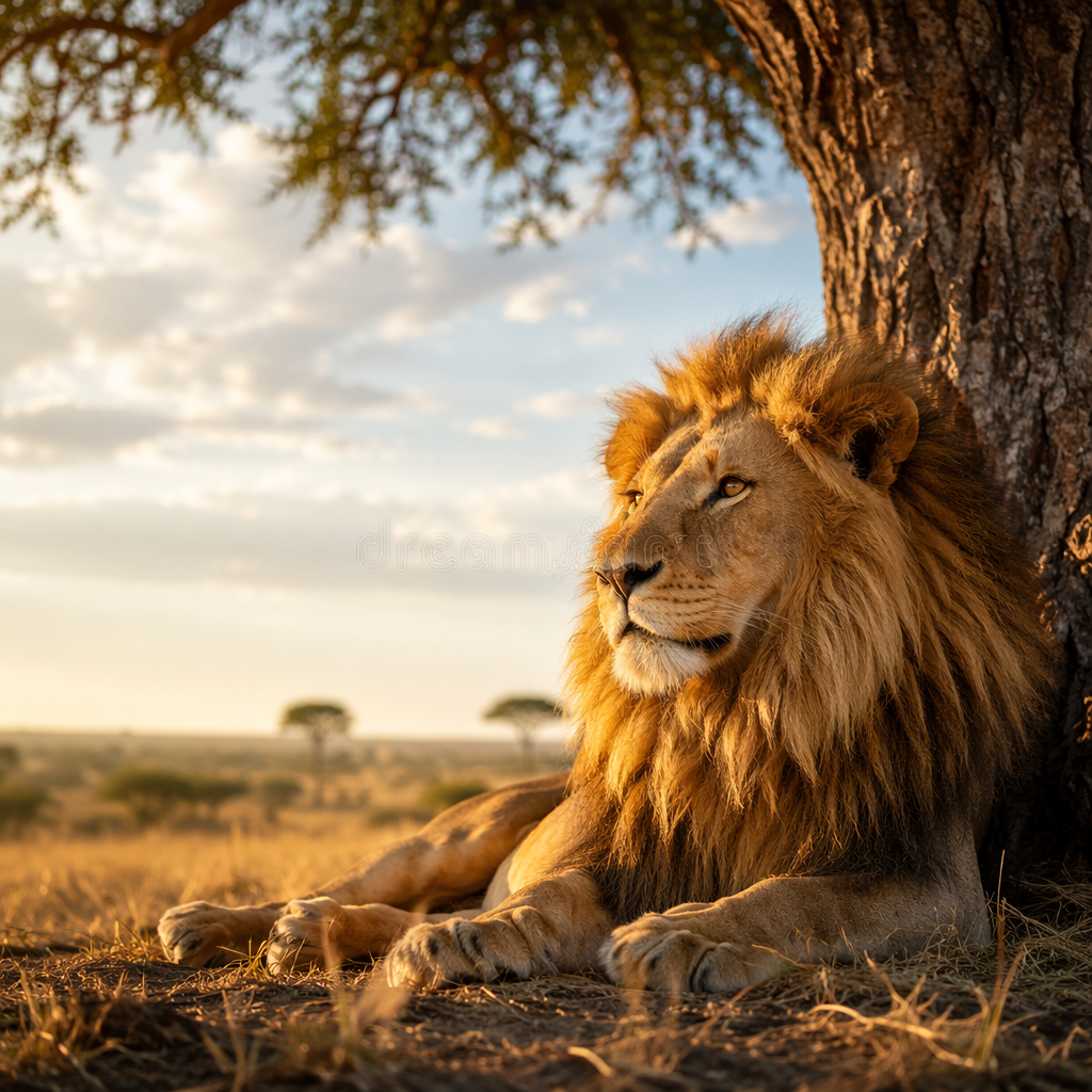 A stunning photo of a lion resting under a tree during golden hour, with rich colors and soft light. The focus is on the lion's majestic mane, framed by the beautiful landscape of the savannah, creating a dramatic yet serene atmosphere.