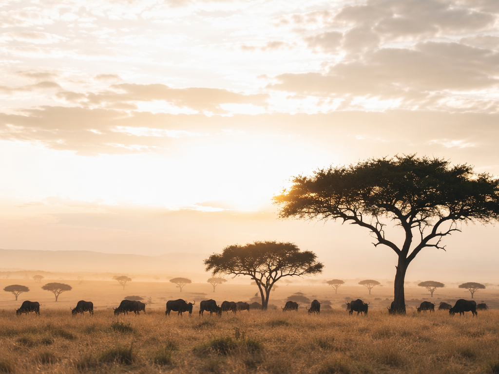 A breathtaking view of the Serengeti at sunrise, with silhouettes of acacia trees and wildebeests grazing on the plains, warm golden light casting soft shadows, editorial photography style.