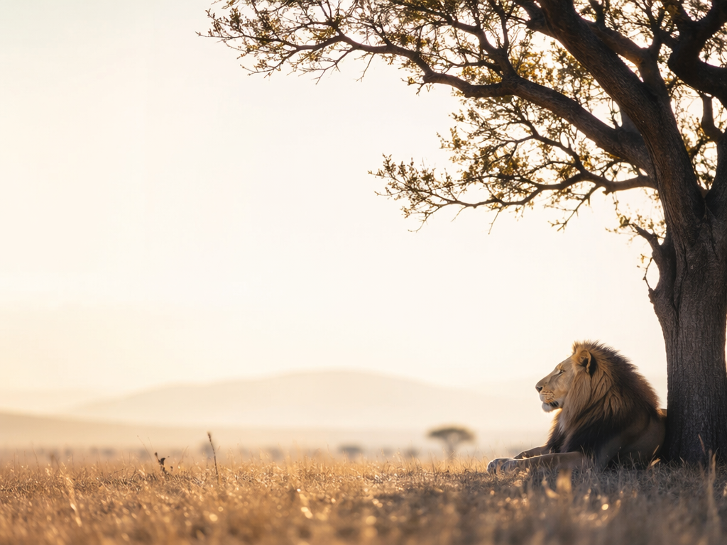 A stunning African savannah at sunset, showcasing the silhouette of a lion resting under a tree, with golden grass and a warm golden hour light creating an inviting atmosphere, shot on 50mm with shallow depth of field, editorial photography.