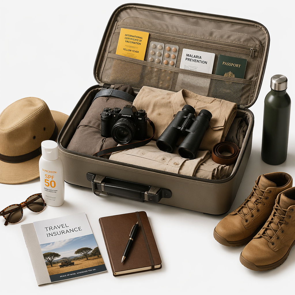 A packed suitcase open on a bed with neutral clothing, a camera, binoculars, and sun protection items laid out, warm golden hour natural light, editorial photography