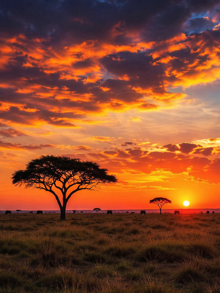 A breathtaking sunset over the savannah with silhouettes of acacia trees and a distant herd of elephants, vibrant colors in the sky, soft focus on the horizon, landscape photography