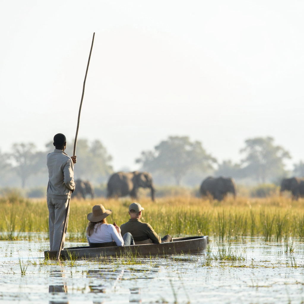 A tranquil scene in the Okavango Delta, with a mokoro gliding through lush reeds, elephants in the background, soft morning light, shallow depth of field, nature photography