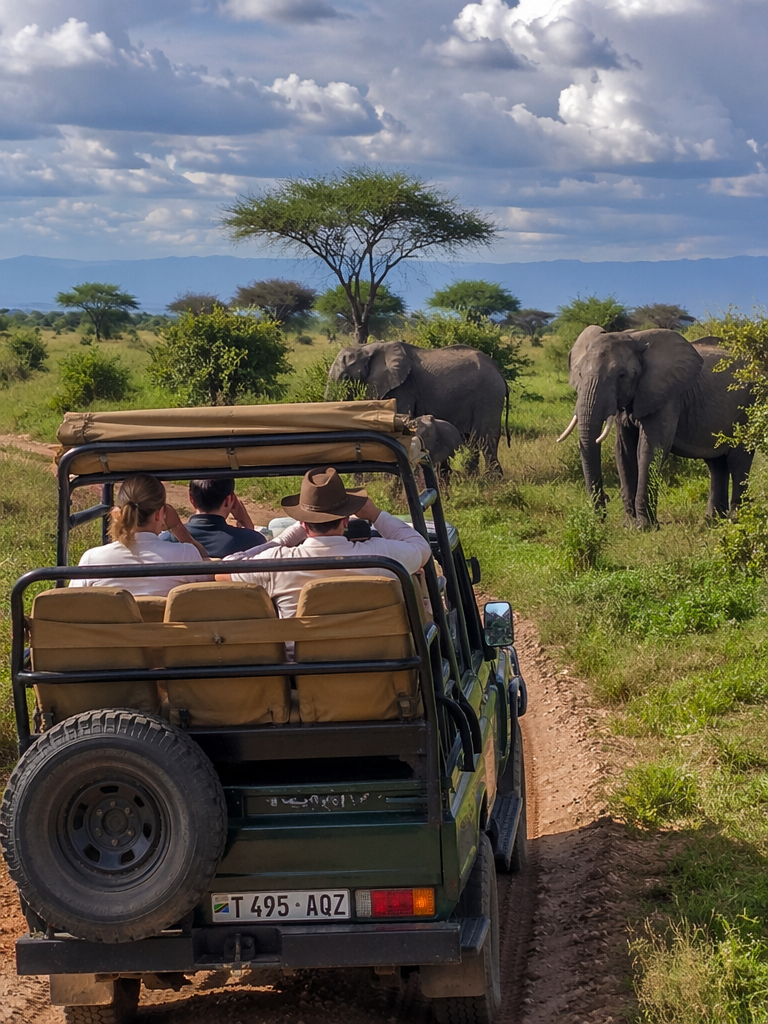 An open-air safari vehicle navigating through a lush landscape with elephants in the background, showcasing the thrill of wildlife watching, the mood is adventurous and serene, photography captures the beauty of the African wilderness, shot on 35mm, vibrant colors.