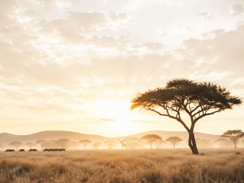 A vibrant landscape of an African savanna at sunrise, featuring silhouettes of acacia trees and distant wildlife. The scene is bathed in warm golden hour light, conveying the excitement of a safari adventure. Editorial photography style with a focus on nature's beauty.