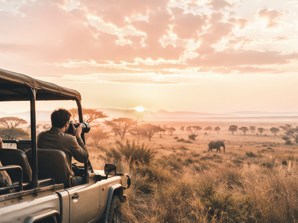 A scenic view of the African savannah at sunrise, with warm golden hour light illuminating the landscape. A safari vehicle can be seen in the foreground with a photographer poised to capture wildlife. The sky is filled with vibrant oranges and pinks, creating a breathtaking atmosphere.