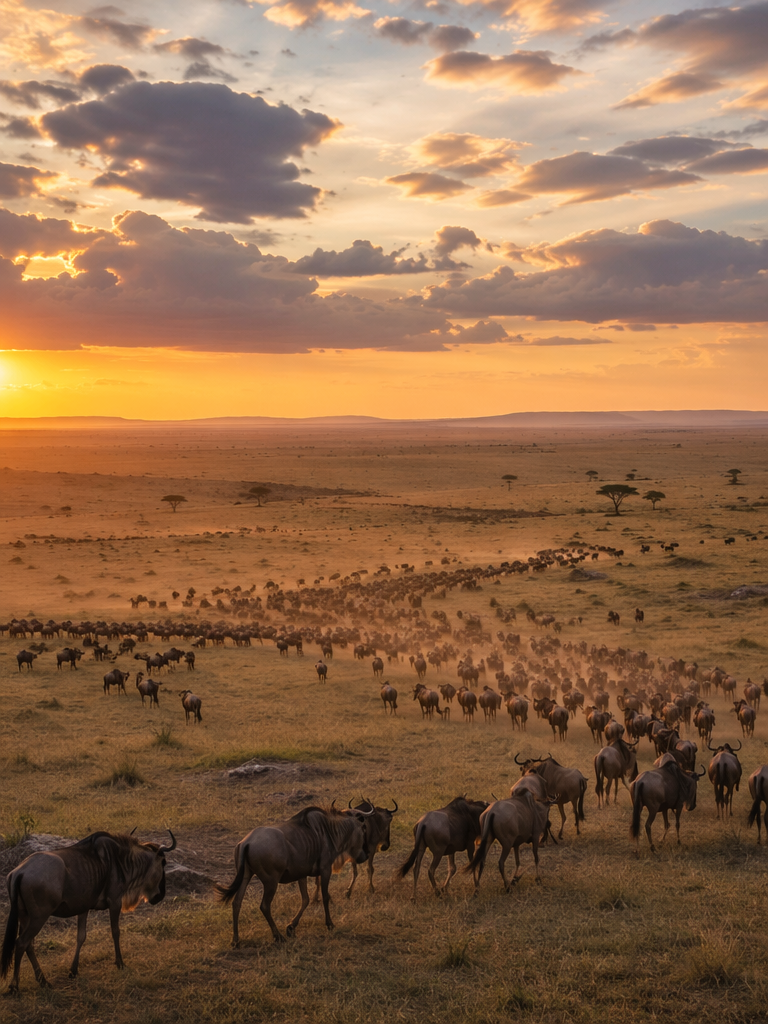 A breathtaking view of the wildebeest migration across the Serengeti plains at sunset, with golden light illuminating the landscape. The scene captures hundreds of wildebeests moving in a coordinated way, showcasing the vastness of the African savannah and the dramatic sky filled with clouds, shot on 50mm lens, wide-angle composition.
