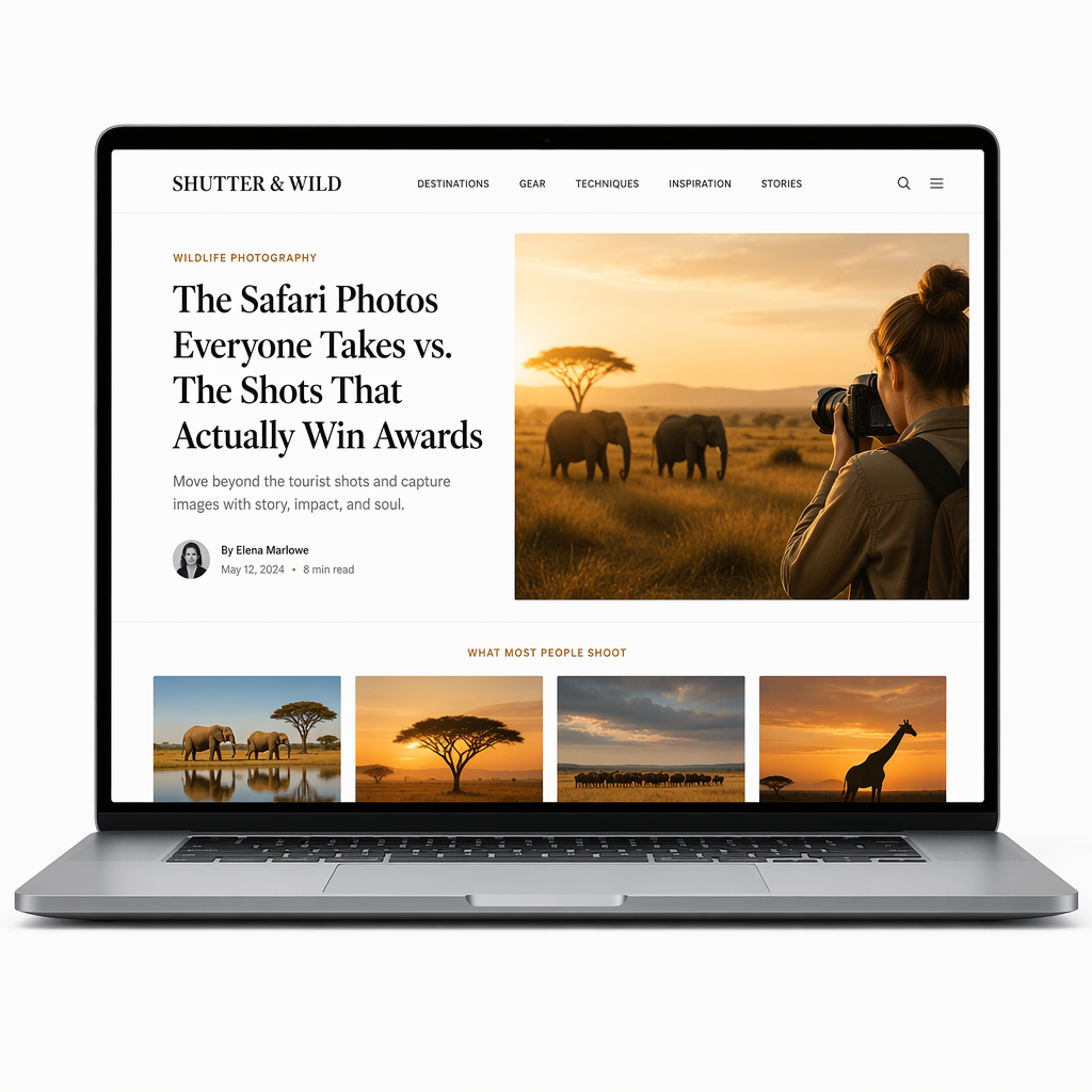 A photographer capturing wildlife on a safari, golden sunrise lighting, elephants in the distance, warm tones, editorial photography style