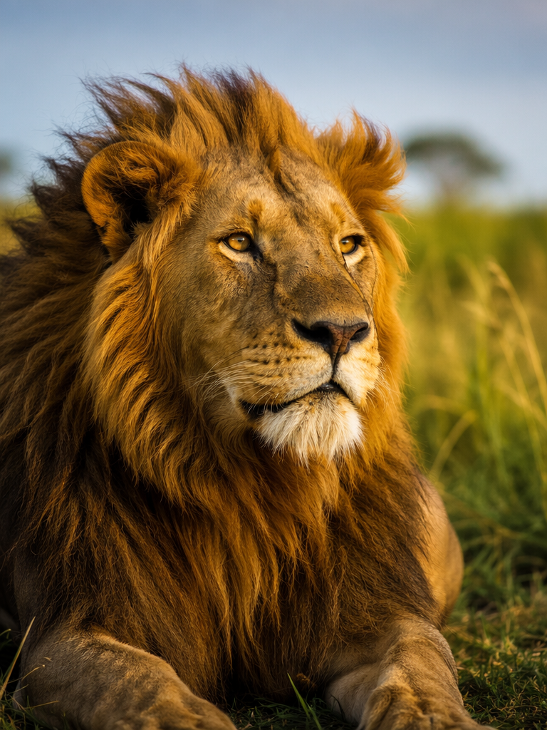 Close-up of a lion resting in the grass, soft morning light, rich colors, shallow depth of field, showcasing the majesty of wildlife photography
