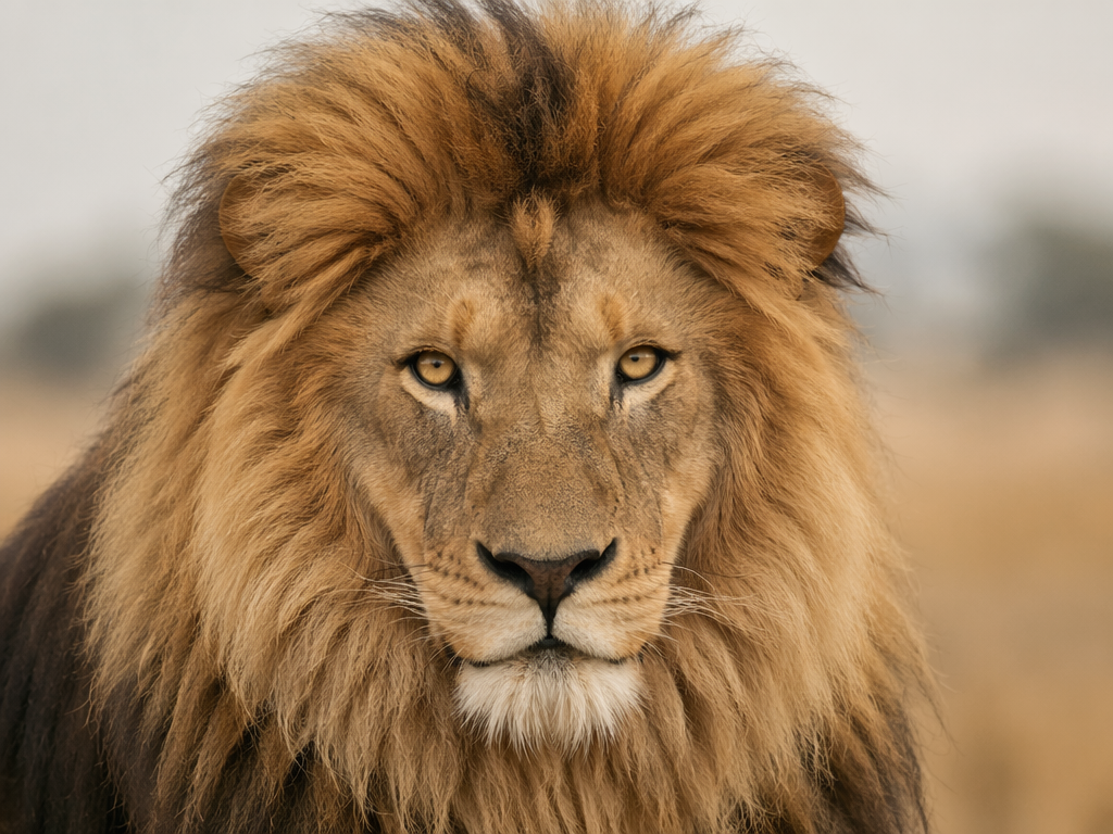 A close-up shot of a lion's face, capturing its fierce gaze and majestic mane. The lighting is soft, highlighting the texture of its fur, with a blurred savannah backdrop creating a sense of depth. This editorial photograph conveys the raw power and beauty of wildlife in its natural habitat.