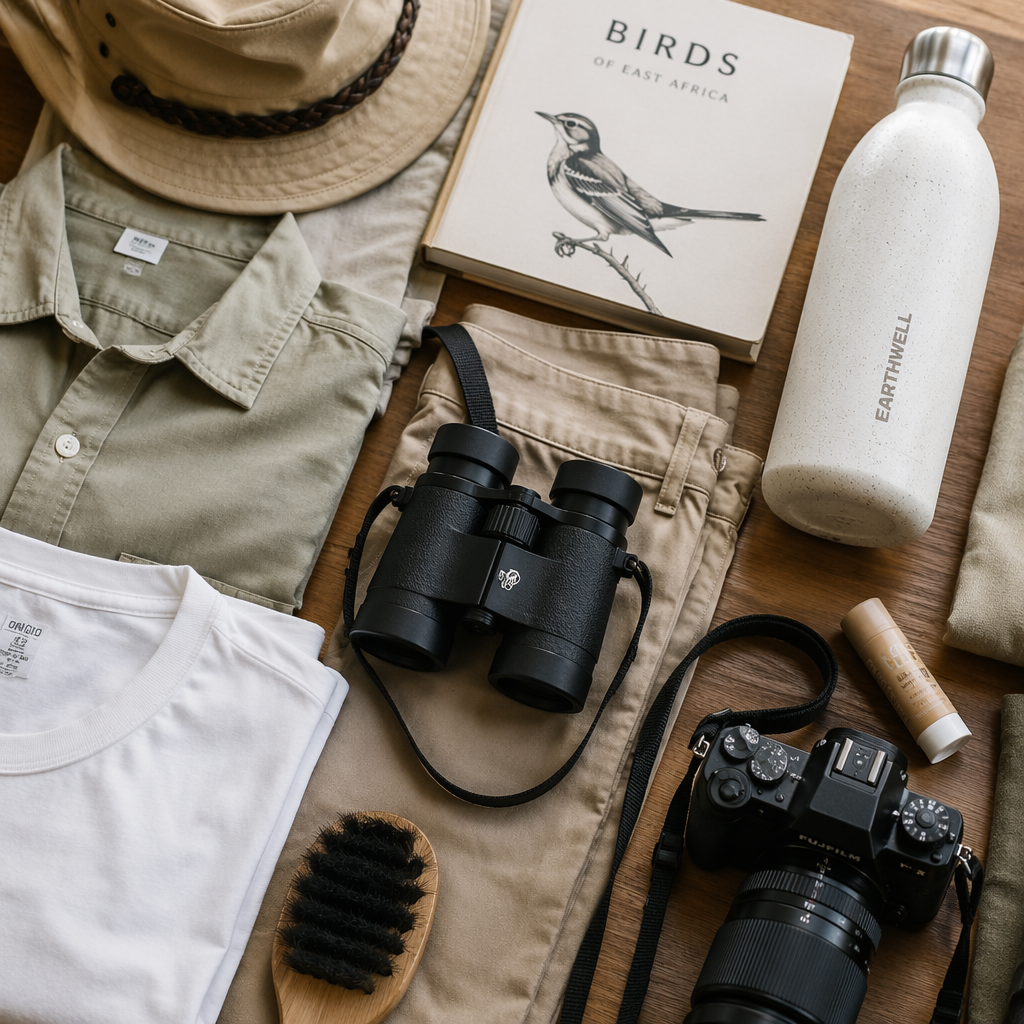 A neatly organized safari packing layout, showcasing lightweight clothing, binoculars, a camera, and a reusable water bottle on a wooden table, natural lighting, lifestyle photography