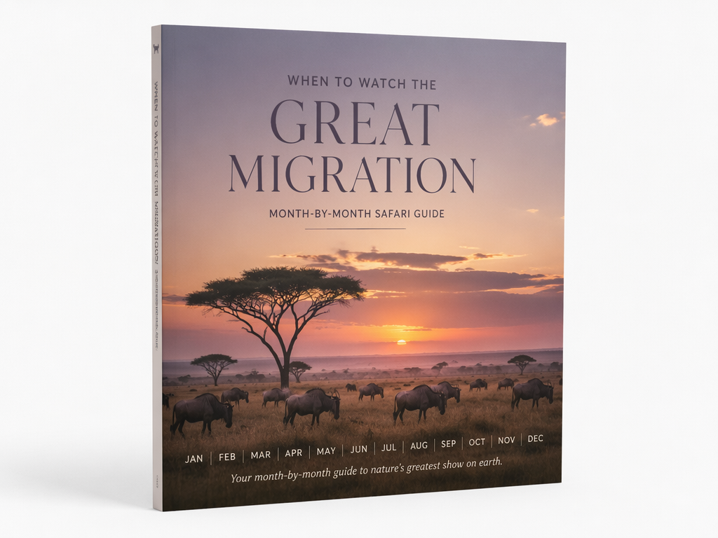 A serene sunset scene in the Serengeti with a silhouette of acacia trees, wildebeests scattered in the foreground, and the sky painted in hues of orange and purple, evoking a sense of peace and wonder in the African landscape, shot with a wide-angle lens to capture the expansive beauty of the savannah.
