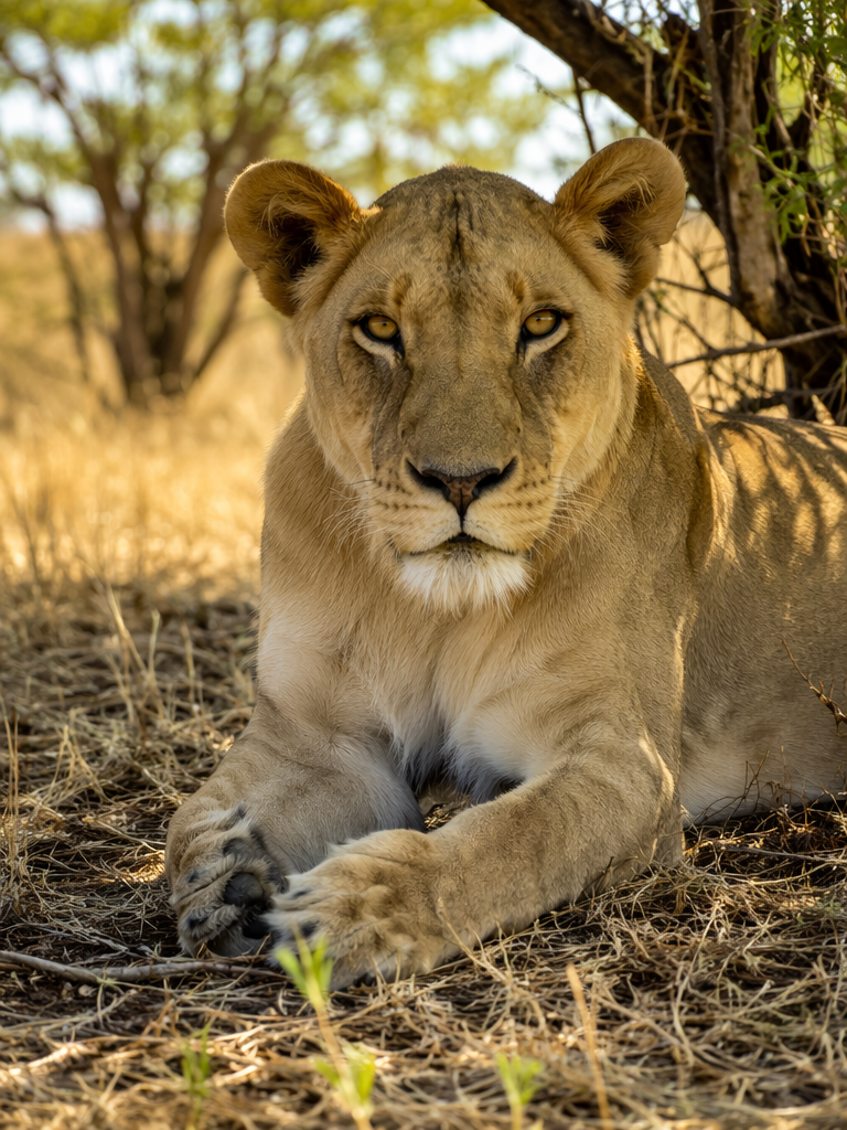 A close-up of a lioness resting in the shade during a safari, with golden sunlight filtering through the trees, showcasing her powerful yet serene presence, with a soft focus on the background for depth
