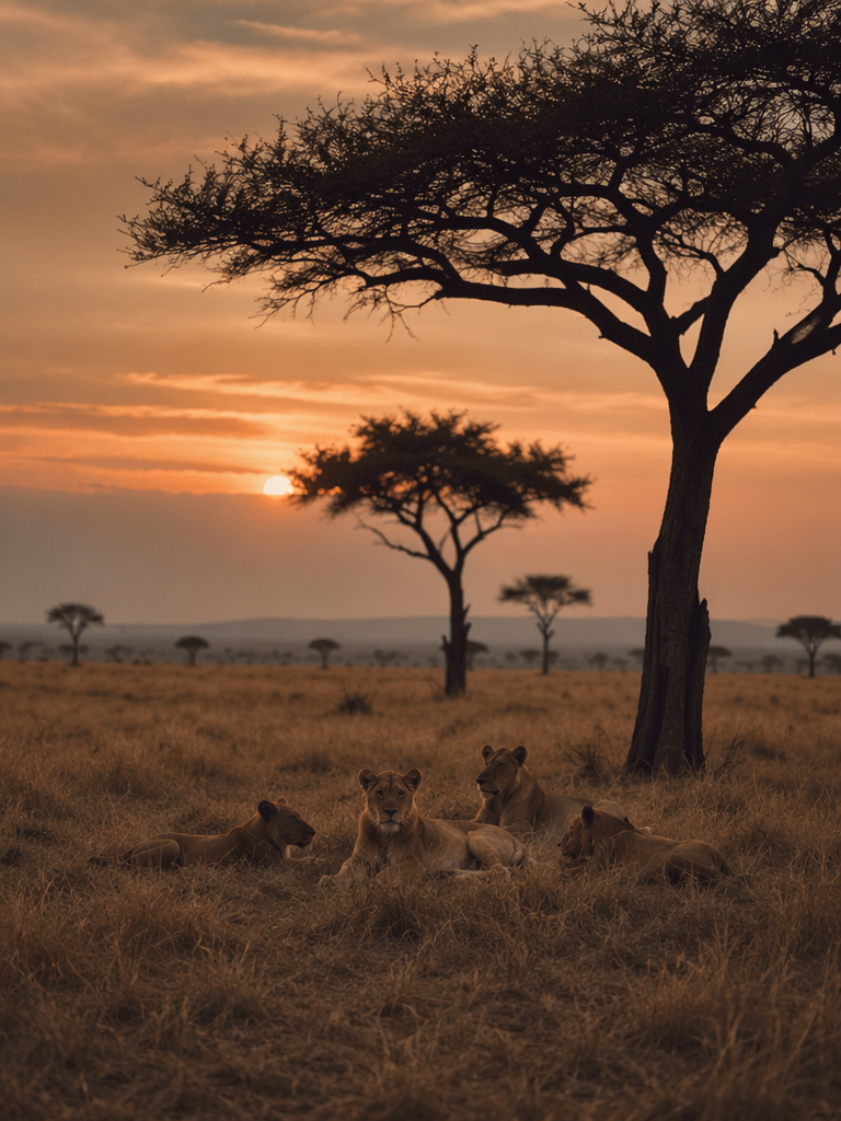 A stunning sunset over the African savanna, with silhouettes of acacia trees in the foreground and a pride of lions resting on the golden grass, shot in warm golden hour light, editorial photography style.